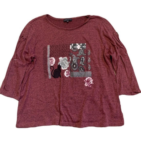 💜 Classic Editions Maroon Floral & Cat Tunic Top - Size XL - Picture 1 of 6